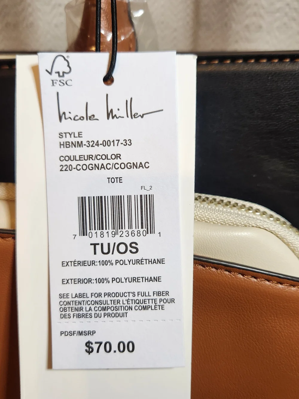 Nicole Miller New York Cream and Tan Satchel